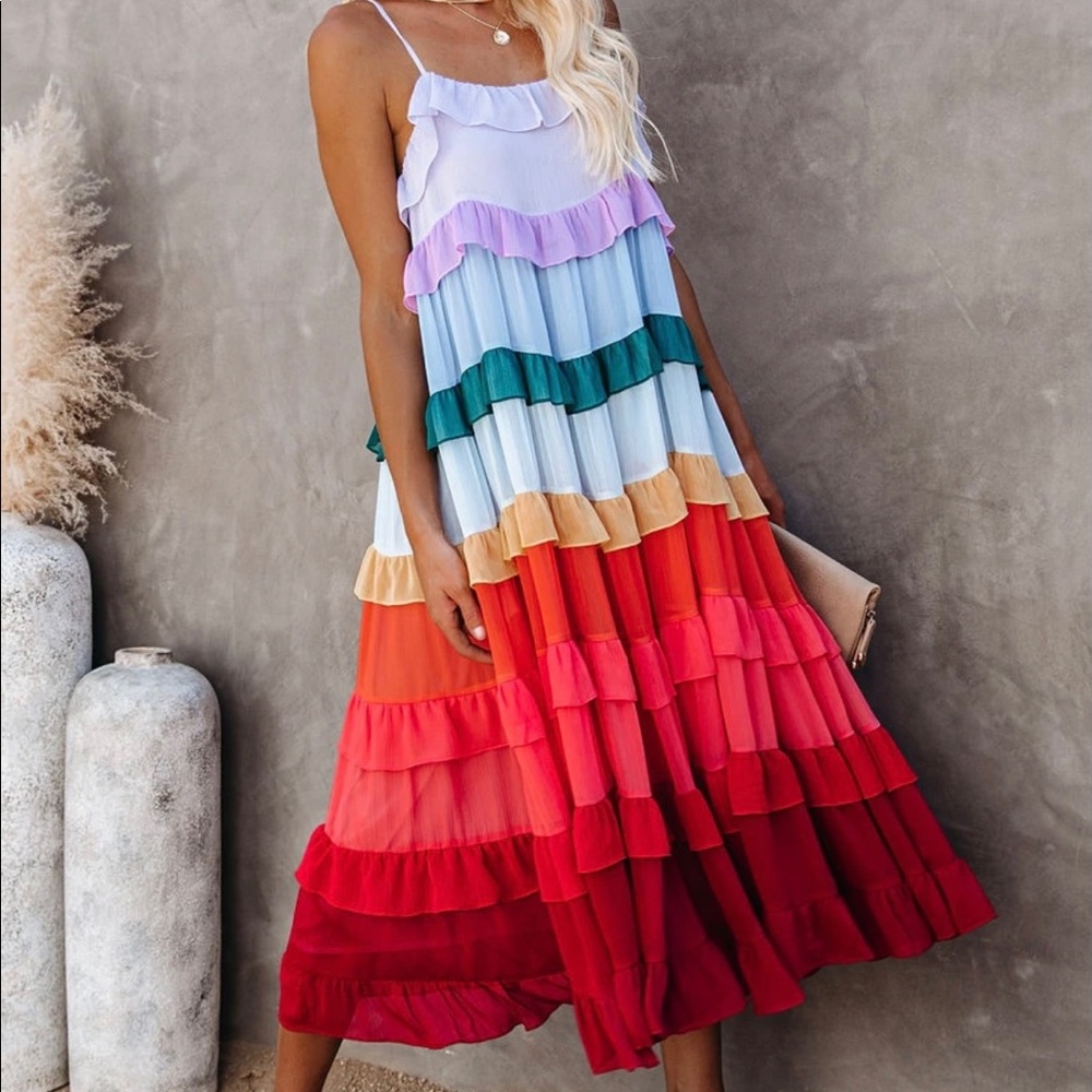 Storia Tiered Rainbow Long Midi Dress Size Small